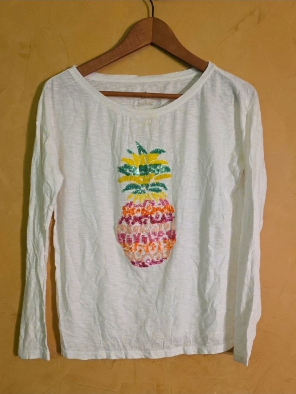 White Long-Sleeve Tee with Beaded Pineapple - 100% Cotton